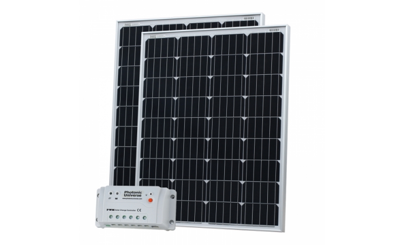 photonic universe 200w (100w + 100w) 12v solar charging kit with 20a solar controller and 2 x 5m cables