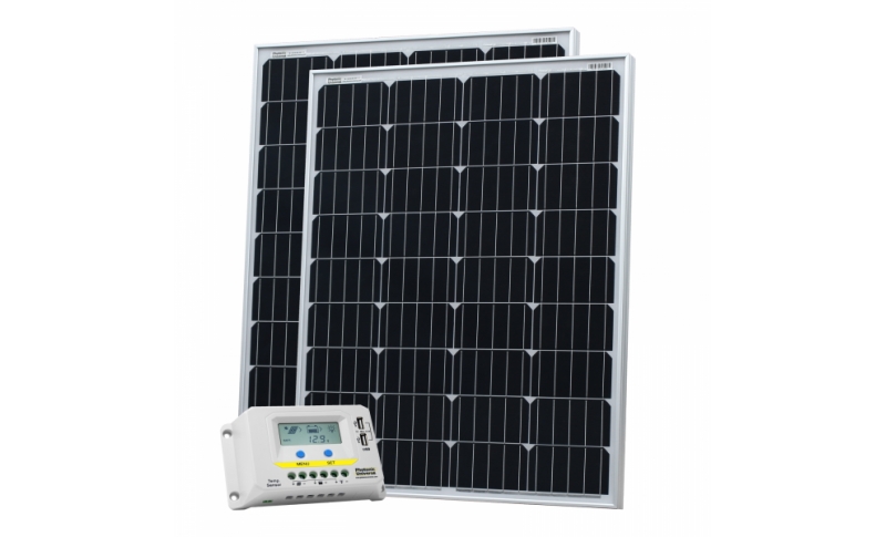 photonic universe 200w (100w + 100w) 12v solar charging kit with 20a solar controller with lcd displayand 2 x 5m cables