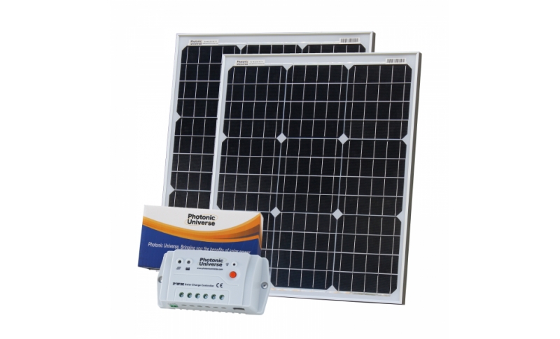 photonic universe 100w (50w + 50w) 12v solar charging kit with 10a solar controller and 2 x 5m cables