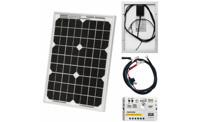 photonic universe 10w 12v solar trickle charging kit with 5a solar controller and battery cable with crocodile clips