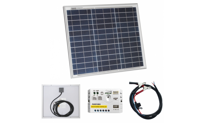 photonic universe 30w 12v solar trickle charging kit with 5a solar controller and battery cable with crocodile clips