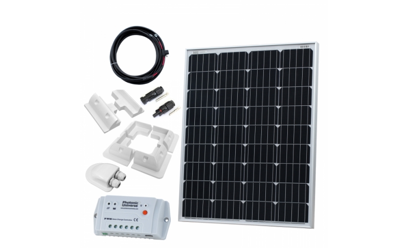 photonic universe 100w 12v solar charging kit with 10a solar controller, mounting brackets and cables