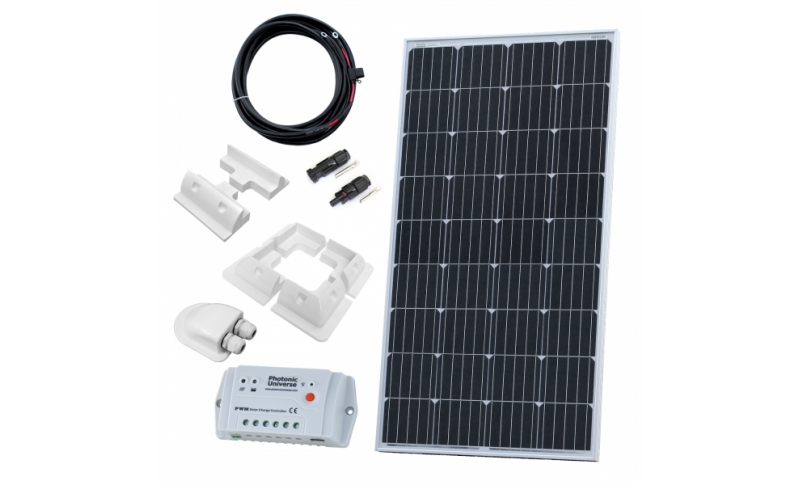 photonic universe 150w 12v solar charging kit with 10a solar controller, mounting brackets and cables