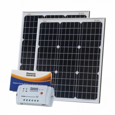 photonic universe 100w (50w + 50w) 12v solar charging kit with 10a solar controller and 2 x 5m cables