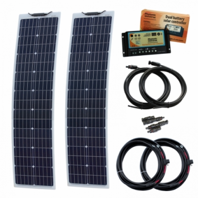 photonic universe 160w (80w+80w) 12v narrow reinforced dual battery semii-flexible solar charging kit