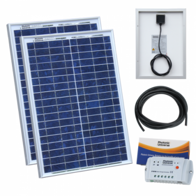 photonic this 40w solar charging kit includes:      two high efficiency 20w polycrystalline solar panels, each with 2m cable     advanced 10a 12v/24v automatic solar charge controller with battery protection functions     5m dual core battery cable     us